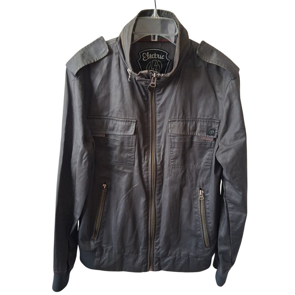 Electric Evolution Men Waxed Gray Military Jacket Lighten Bolt Moto Streetwear-M